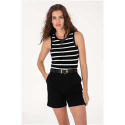 Kadın Siyah Çizgili Kolsuz Bisiklet Yaka Tişört