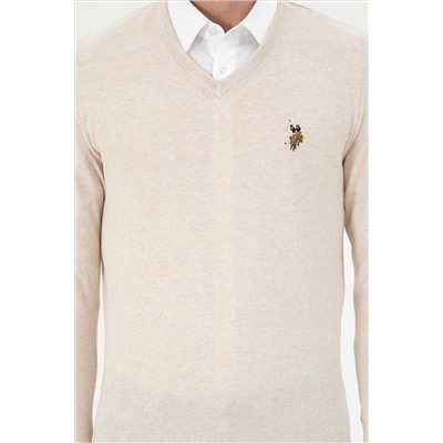 Erkek Slim Fit V Yaka Krem Melanj Basic Kazak
