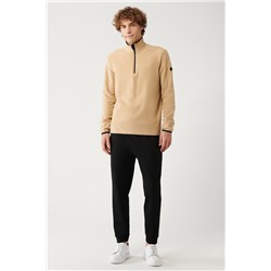 Bej Dik Yaka Soğuğa Dayanıklı Yarım Fermuarlı Regular Fit Standart Kesim Polar Sweatshirt