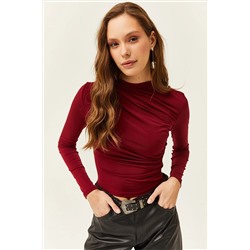 Olalook Kadın Bordo Dik Yaka Büzgü Detaylı Likralı Bluz BLZ-19002426