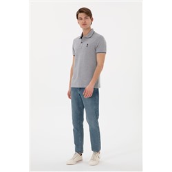 Erkek Slim Fit Polo Yaka Gri Melanj Basic Tişört