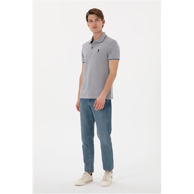 Erkek Slim Fit Polo Yaka Gri Melanj Basic Tişört