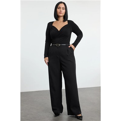Trendyol Curve Siyah Kruvaze Yaka Bodycone Büyük Beden Body TBBAW25CS00008
