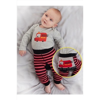 Denokids İtfaiye Erkek Bebek Gri Body Çizgili Tayt-Pantolon Takım CFF-22S1-171