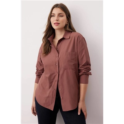 Kahverengi Loose Fit Pamuklu Uzun Kol Büyük Beden Dokuma Gömlek TBBSS22GO0323