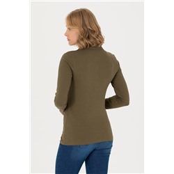 Kadın Haki Basic Polo Yaka Sweatshirt