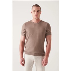 Avva, Erkek Vizon Modal Bisiklet Yaka Dokulu Ribanalı Triko T-shirt B005010
