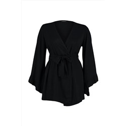 Siyah Kolu Fırfırlı Volanlı Viskon Plaj Giyim Dokuma Büyük Beden Kimono&Kaftan TBBSS23DE00001