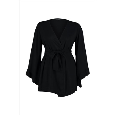 Siyah Kolu Fırfırlı Volanlı Viskon Plaj Giyim Dokuma Büyük Beden Kimono&Kaftan TBBSS23DE00001