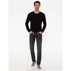 Siyah Slim Fit Bisiklet Yaka Basic Triko Kazak