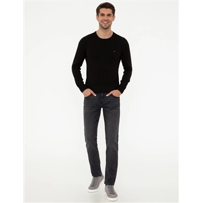 Siyah Slim Fit Bisiklet Yaka Basic Triko Kazak