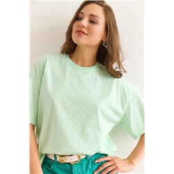 Olalook, Kadın Mint Yeşili Baskı Taş Detaylı Regular Fit Tişört TSH-19000831