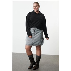 Siyah  Dik Yaka Fermuarlı Selanik İnce Örme Sweatshirt TBBAW23AO00006