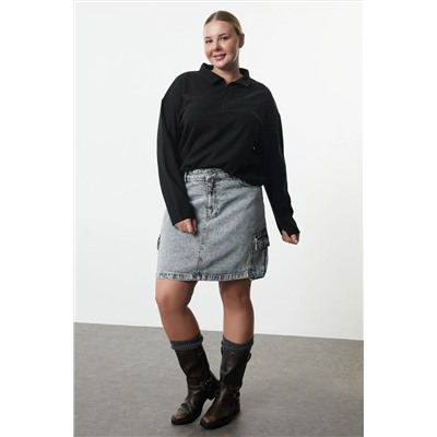 Siyah  Dik Yaka Fermuarlı Selanik İnce Örme Sweatshirt TBBAW23AO00006