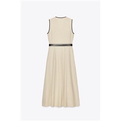 BELTED LINEN BLEND MIDI DRESS