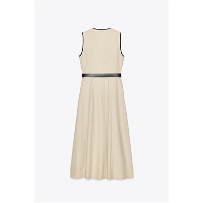 BELTED LINEN BLEND MIDI DRESS