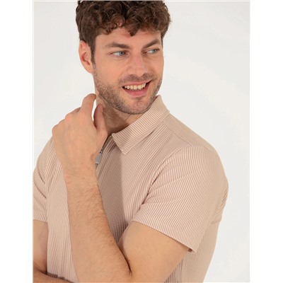 Bej Slim Fit Fermuarlı Polo Yaka Tişört