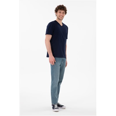 Erkek Regular Fit  V Yaka Lacivert Basic Tişört