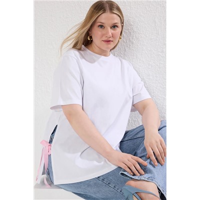 Trendyol Curve Beyaz Yanda Fiyonk Bağlama Detaylı Loose Fit Büyük Beden T-shirt TBBSS25BF00025