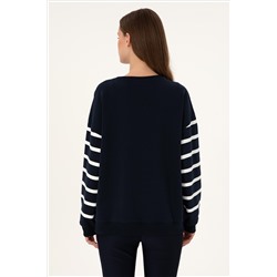Kadın Lacivert Çizgili Bisiklet Yaka Sweatshirt