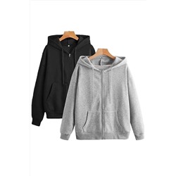 pandy2'li Siyah Ve Gri Renk Unisex Fermuarlı Mevsimlik Hırka / Sweatshirt