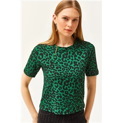 Olalook, Kadın Leopar Zümrüt Yeşili Fitilli Crop Örme Tişört TSH-19000328
