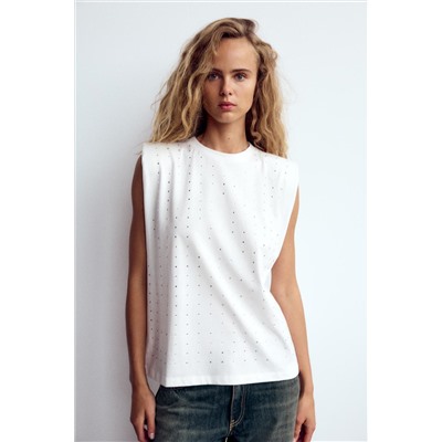 T-SHIRT WITH PADDED SHOULDERS AND RHINESTONES