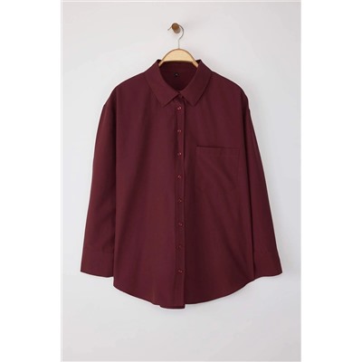 Koyu Bordo Loose Fit Pamuklu Uzun Kol Büyük Beden Dokuma Gömlek TBBSS22GO0323