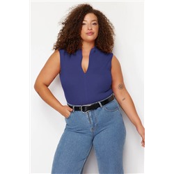 Lacivert Fermuarlı %100 Pamuk Fitilli Kaşkorse Örme Büyük Beden Bluz TBBSS24AF00040