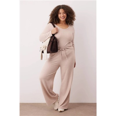 Bej Yumoş Crop ve Wide Leg/Geniş Paça Örme Alt Üst Takım TBBAW26CP00005
