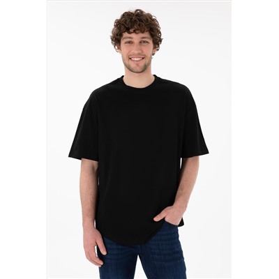 Erkek Long Fit Bisiklet Yaka Siyah Basic Tişört