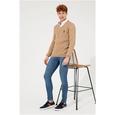 Erkek Camel Melanj V - Yaka Basic Triko Kazak