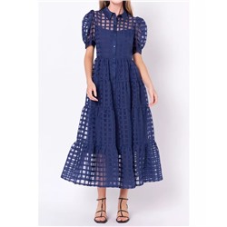 ENGLISH FACTORY Women's Gridded Organza Tiered Maxi Dress