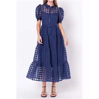 ENGLISH FACTORY Women's Gridded Organza Tiered Maxi Dress