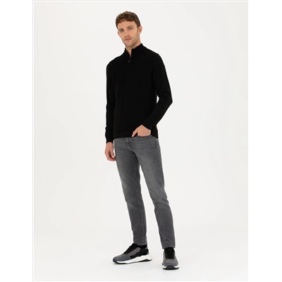 Siyah Slim Fit Fermuarlı Dik Yaka Triko Kazak