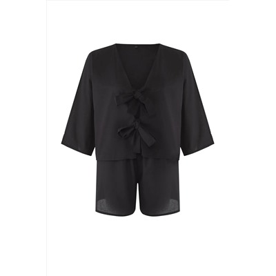 Siyah Bağlama Detaylı Beachwear Büyük Beden Alt-Üst Takım TBBSS25CP00001
