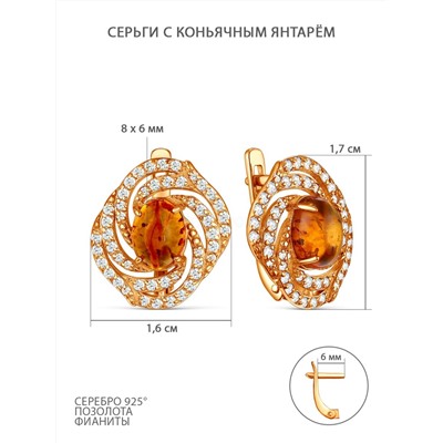 Серьги из золочёного серебра с коньячным янтарём и фианитами 05-802-0133-12