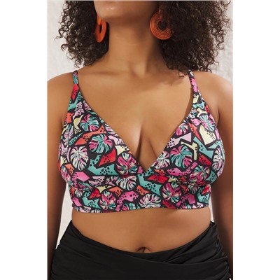 Çok Renkli Derin V Mercan Desenli Büyük Beden Bikini Üstü TBBSS25CT00001