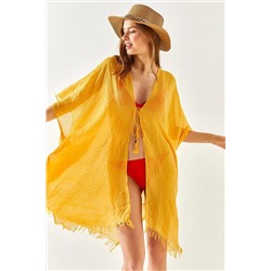 Olalook Kadın Hardal Yırtmaçlı Bağlamalı Pareo Kimono KMN-00000063