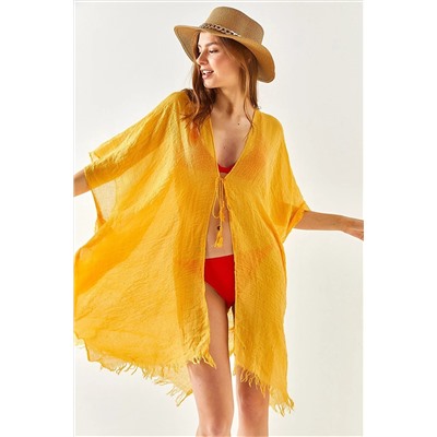 Olalook Kadın Hardal Yırtmaçlı Bağlamalı Pareo Kimono KMN-00000063