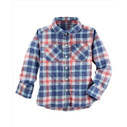 Crinkle Plaid Button-Front Top