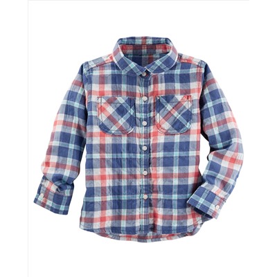 Crinkle Plaid Button-Front Top