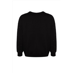 Siyah Kalın Taşlı Detaylı Örme Büyük Beden Sweatshirt TBBAW24SW00000