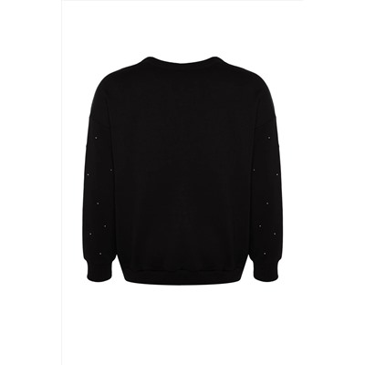 Siyah Kalın Taşlı Detaylı Örme Büyük Beden Sweatshirt TBBAW24SW00000