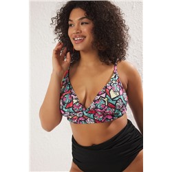 Çok Renkli Derin V Mercan Desenli Büyük Beden Bikini Üstü TBBSS25CT00001