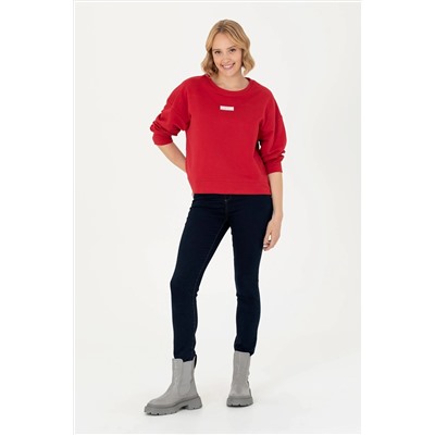 Kadın Kırmızı Bisiklet Yaka Basic Sweatshirt