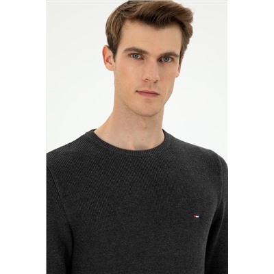 Erkek Slim Fit Bisiklet Yaka Antrasit Melanj Basic Kazak