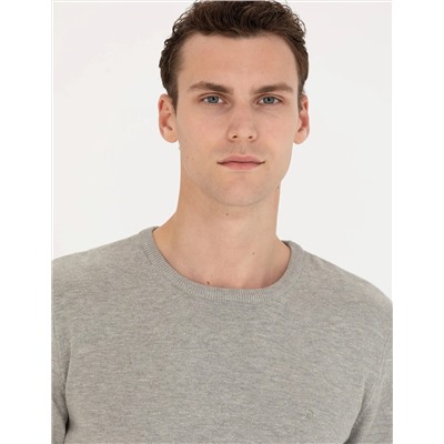 Açık Gri Melanj Slim Fit Bisiklet Yaka Basic Triko Kazak