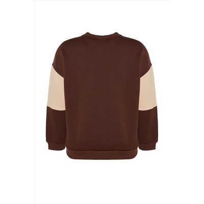 Kahverengi Kalın İçi Polarlı Nakışlı Oversize/Geniş Kalıp Örme Büyük Beden Sweatshirt TBBAW24AO00024