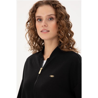 Kadın Siyah Bisiklet Yaka Fermuarlı Sweatshirt